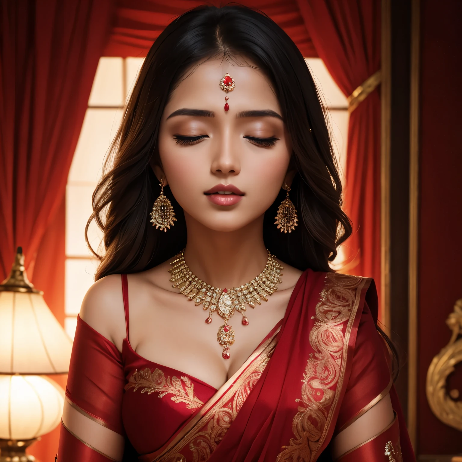 Sexy woman dazzles in a stunning red saree