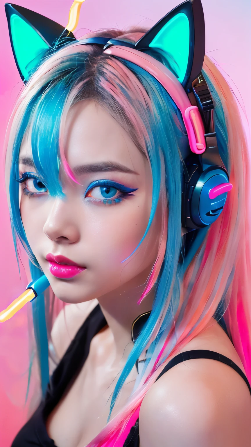 masterpiece, highest quality, 4K, Photorealistic, bokeh, enlightenment,1 perfect portrait of a girl, (A fascinating eye for perfect detail:1.2), colorful hair, (gradient hair), (neon blue and pink soft long hair:1.6), (Cat ear:1.2), fantasy background, (exposed bare shoulders), (Neon blue long-term alienation sleeve), (lean forward a little), head tilt, movie lighting, oversized clothes, (seductive pose:1.4), (neon blue and pink background:1.6), beautiful blue eyes, close up,