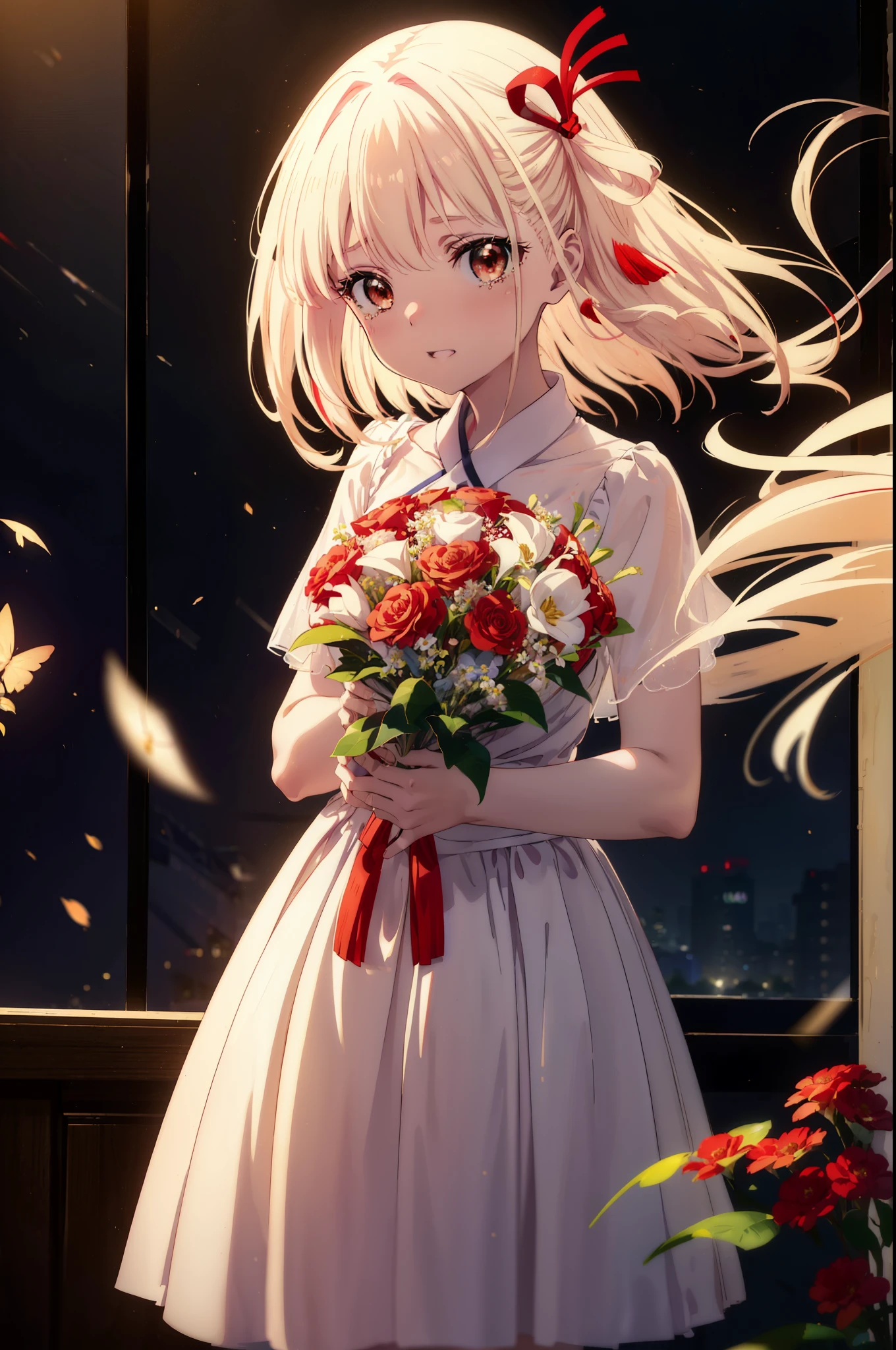 chisatonishikigi, Chisato Nishikigi, long hair, bangs, blonde hair, (red eyes:1.5), hair ribbon, one side up, tears run down her face,Crying with joy,blush,smile, open your mouth,Red Wedding Dress,veil,Red wedding skirt,bouquet,bouquetトス,holding a large bouquet of flowers in both hands,
break indoors, church,chapel,
break looking at viewer, (cowboy shot:1.5),
break (masterpiece:1.2), highest quality, High resolution, unity 8k wallpaper, (figure:0.8), (detailed and beautiful eyes:1.6), highly detailed face, perfect lighting, Very detailed CG, (perfect hands, perfect anatomy),