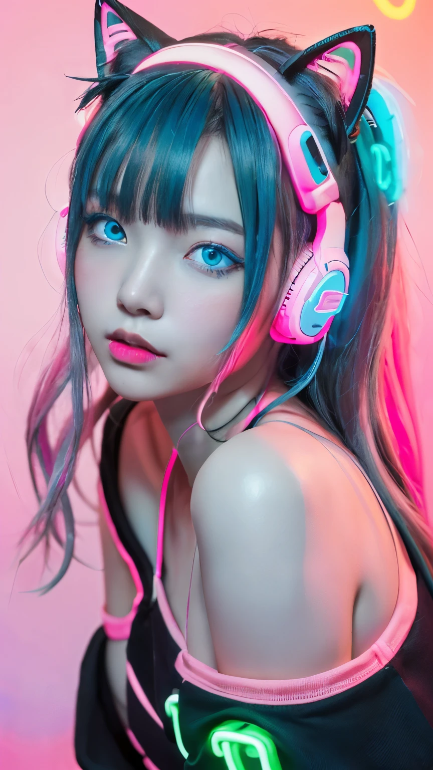 masterpiece, highest quality, 4K, Photorealistic, bokeh, enlightenment,1 perfect portrait of a girl, (A fascinating eye for perfect detail:1.2), colorful hair, (gradient hair), (neon blue and pink soft long hair:1.6), (Cat ear:1.2), fantasy background, (exposed bare shoulders), (Neon blue long-term alienation sleeve), (lean forward a little), head tilt, movie lighting, oversized clothes, (seductive pose:1.4), (neon blue and pink background:1.6), beautiful blue eyes, close up,