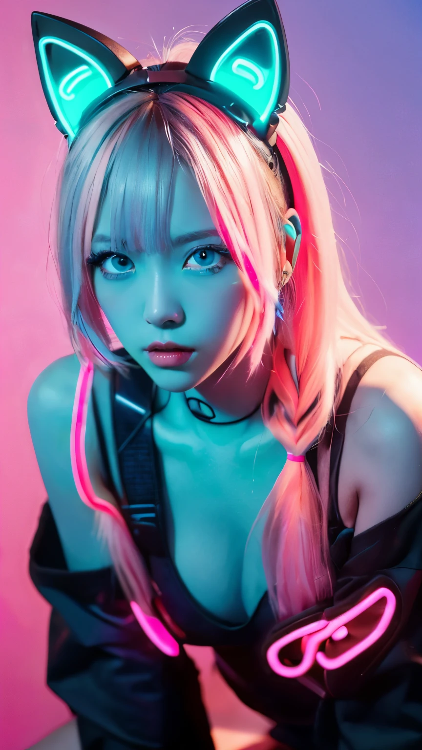 masterpiece, highest quality, 4K, Photorealistic, bokeh, enlightenment,1 perfect portrait of a girl, (A fascinating eye for perfect detail:1.2), colorful hair, (gradient hair), (neon blue and pink soft long hair:1.6), (Cat ear:1.2), fantasy background, (exposed bare shoulders), (Neon blue long-term alienation sleeve), (lean forward a little), head tilt, movie lighting, oversized clothes, (seductive pose:1.4), (neon blue and pink background:1.6), beautiful blue eyes, close up,