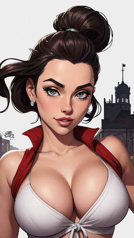 pretty women portrait 1950s movie poster style, vector-art, whole body, russian, sexy uniform, cleavage, pin up style, sexy, realistic, brown eyes, seductive pose,