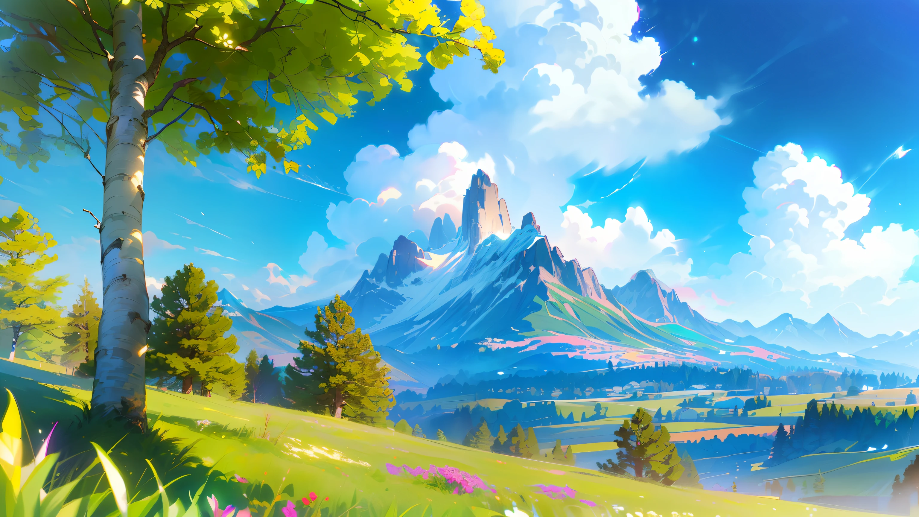 Bokeh, depth of field, high dynamic range, bloom, Color difference, and intricacies (illustration: 1.0), epic work, Realistic lighting, HD details, masterpiece, best quality, (Very detailed CG unified 8k wallpaper), Sky, cloud, Grass, trees, Birch, sunny, The background is a big mountain
