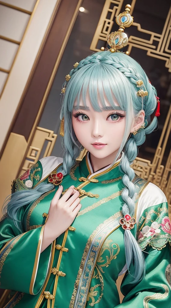 Chinese 30-year-old woman is very cute。Has green eyes、Wearing flashy national costumes、Silver-haired braid、Wearing a lot of ornaments、Royal Girl、