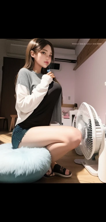 (artwork, best qualityer) Girl in tight leggings with SpongeBob print, tight blouse and exposed belly, red socks, small breasts short height, light hair, greeneyes, big silver gun on the table, legs spread open, pussy