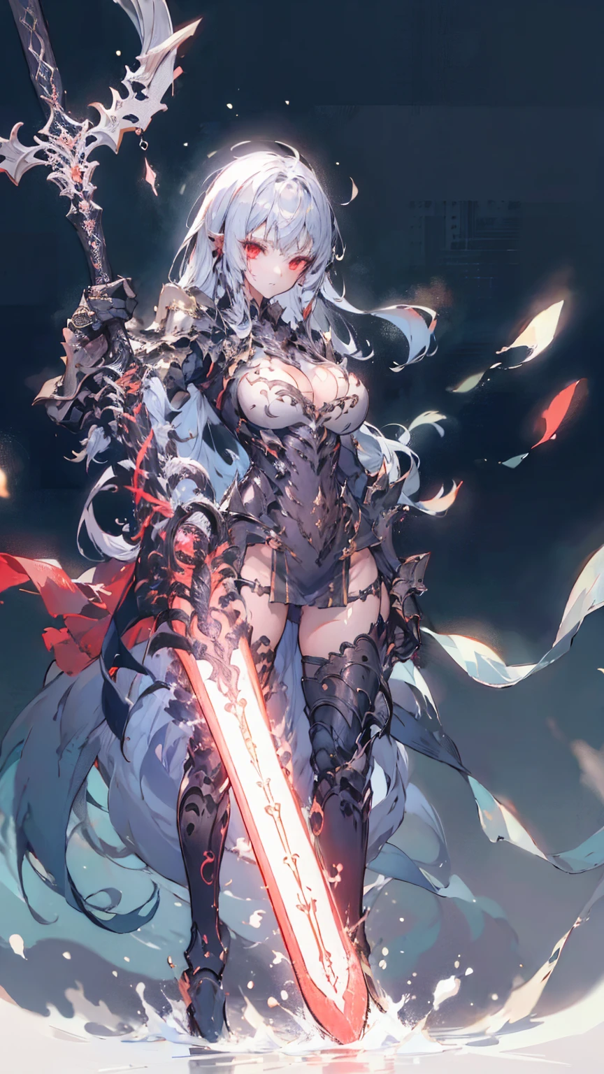 (masterpiece, top quality, best quality, official art, beautiful and aesthetic:1.2), extreme detailed, 1girl, red eyes, silver hair, long hair, short girl, (large breasts:1.5), ff14style, full armor, very long straight hair, silver hair, small breasts, small girl, full body, red+black clothes, holding a black broadsword, outdoors, snow