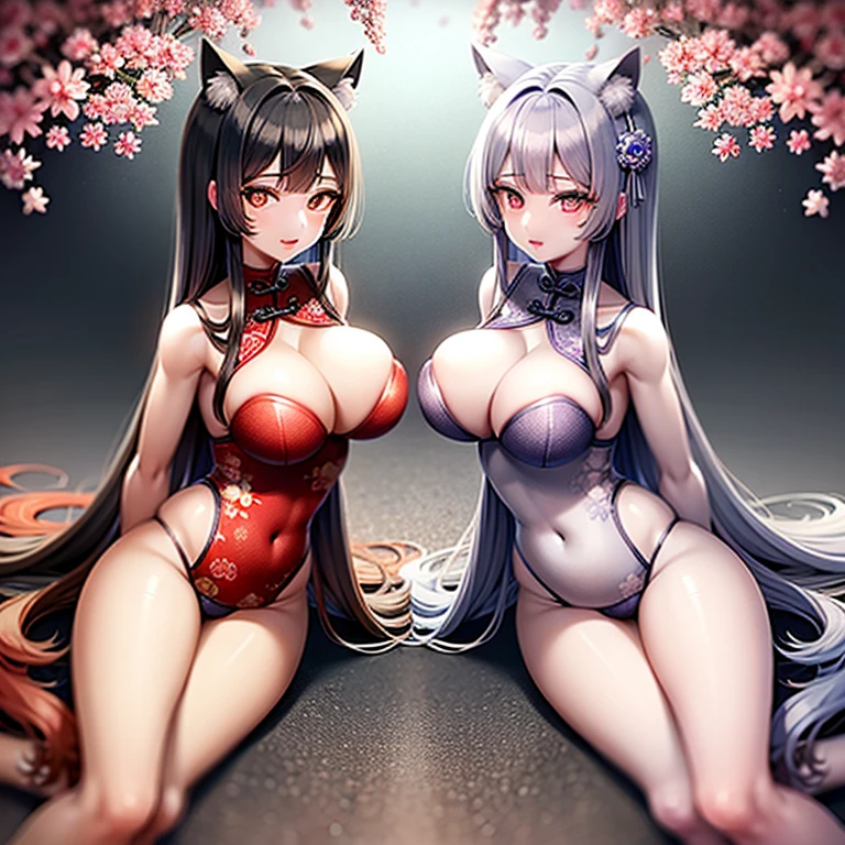 16K resolution, Anthropomorphic red fox,, Sakura Red Hair, bright red eyes,淡い赤色のChinese styleの衣装を着る,;White Tiger Anthropomorphic,woman,Wearing white Han Chinese clothing,white colored hair,Gorgeous blue-violet eyes;Wolf personification,woman,black hair,black eye,Wear black hanbok;Lantern Festival Background,threesome(stand up,sitting pose,lying down position),Chinese style。