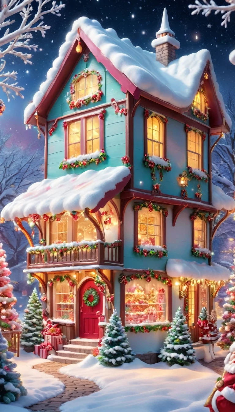 (best quality,4K,8K,high resolution,masterpiece:1.2),Super detailed,(actual,photoactual,photo-actual:1.37), Fluffy Marshmallow Christmas Tree House, bright colors, dreamy atmosphere, winter wonderland, whimsical decorations, sugar coated candies, Sparkling fairy lights, magical snowfall, Joyous festivals, joyful laughter, Charming jewelry, candy cane pillar, sugary icicles, glittering tinsel, Candy themed stockings, Fluffy Marshmallow Snow, Sparkling sugar crystals, cozy fireplace, Warm and inviting light, snow scene, children singing carols, There are sparkling stars on it, The delicious aroma of hot cocoa, Happy children gathered together, festive atmosphere, Marshmallow Charm, sugar coated dream, Looking forward to the gift with joy, Cozy corner with soft cushions, Dessert and Delight, Sugar Plum Fairy Dancing, There are colorful gifts under the tree, Indulgent Holiday Candy, Marshmallow cloud surrounds the house, Delicate snowflakes are falling on the window, Magic is in the air, Santa's Secret Hideout, Face full of surprise and excitement.
