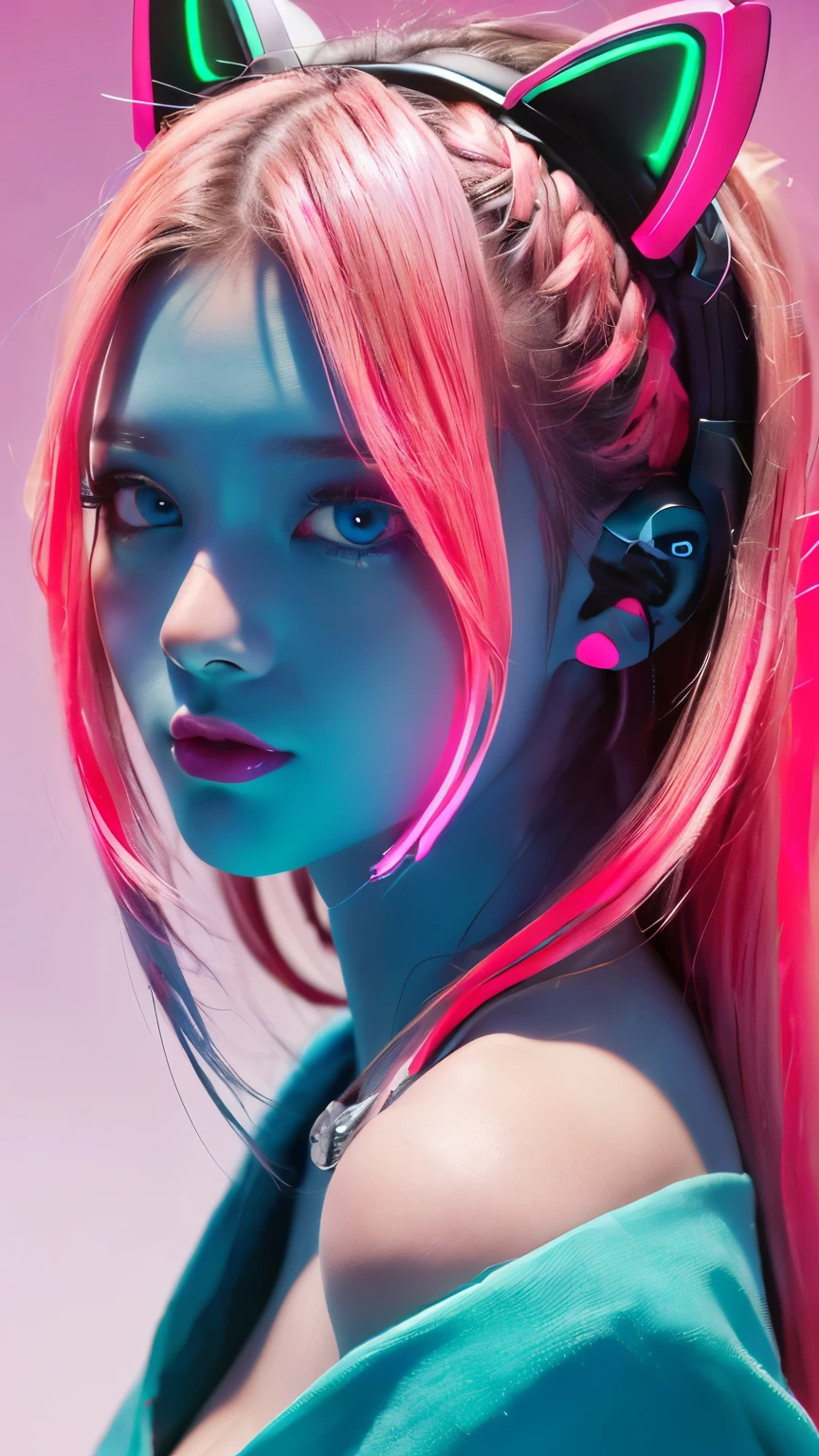masterpiece, highest quality, 4K, Photorealistic, bokeh, enlightenment,1 perfect portrait of a girl, (A fascinating eye for perfect detail:1.2), colorful hair, (gradient hair), (neon blue and pink soft long hair:1.6), (Cat ear:1.2), fantasy background, (exposed bare shoulders), (Neon blue long-term alienation sleeve), (lean forward a little), head tilt, movie lighting, oversized clothes, (seductive pose:1.4), (neon blue and pink background:1.6), beautiful blue eyes, close up,