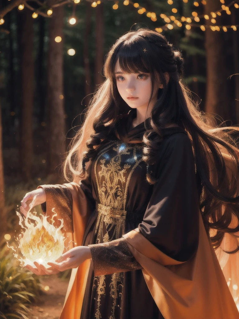 ((1girl)), sorceress, magic, wearing a long dress made of lights, magical forest, with flowing, (((fire)) magic), tight sorceress clothes, magical clothing, (((flowing hairstyle))), (((glowing eyes))), wearing cloak, ((bokeh)), depth of field,