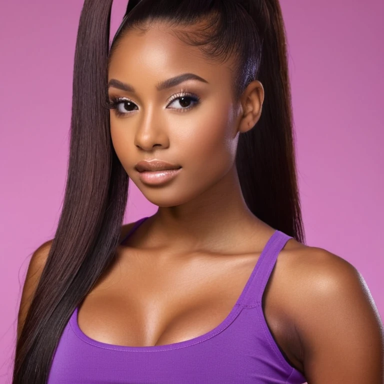 close up, portrait of a 25 year old  african american girl, mahogany skin tone,sleek long high ponytail hairstyle,black hair,neat hair,smooth skin,smooth image, beautiful, casual, fake breasts, cleavage,wearing a purple crop top
((simply contrasting background))