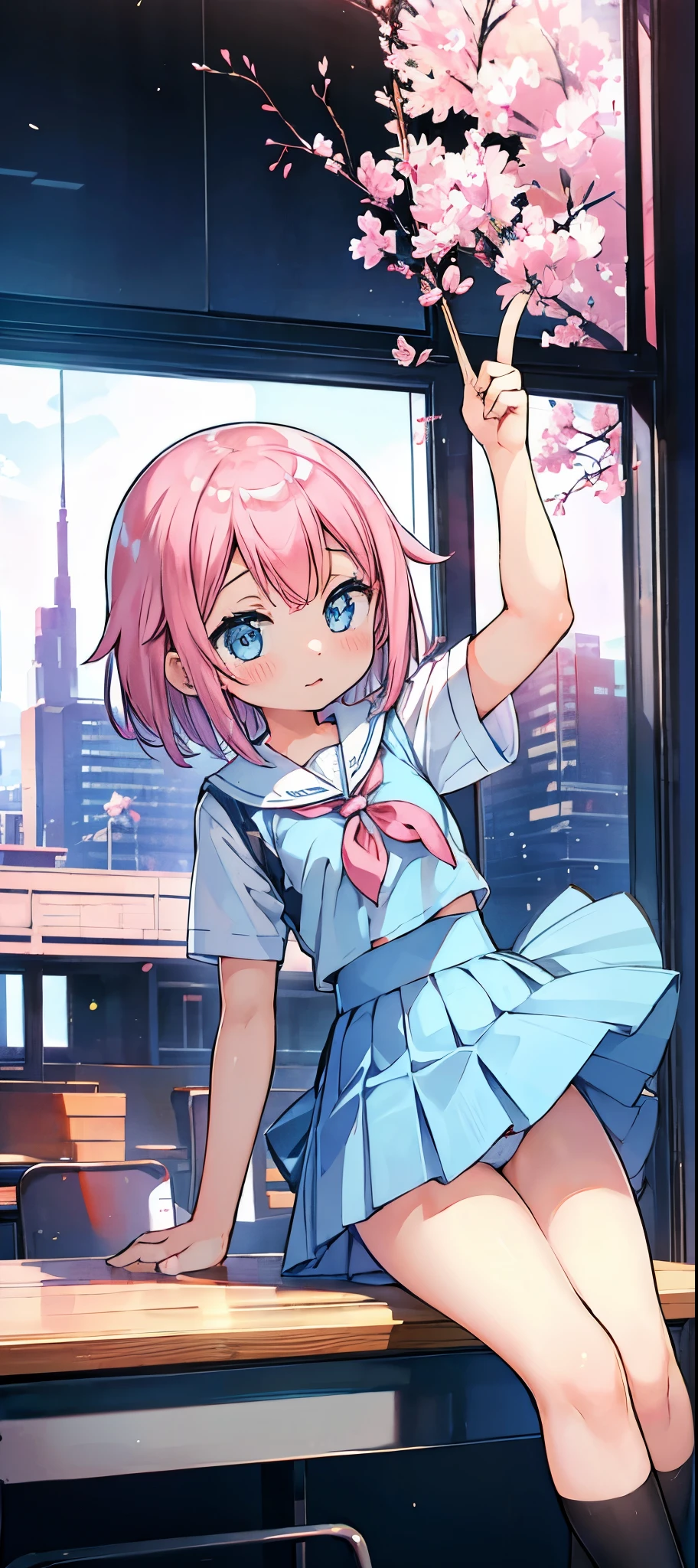 1 girl pink hair blue eyes blue school outfit with short skirt up showing pink panties with stockings in school classroom high quality 2k