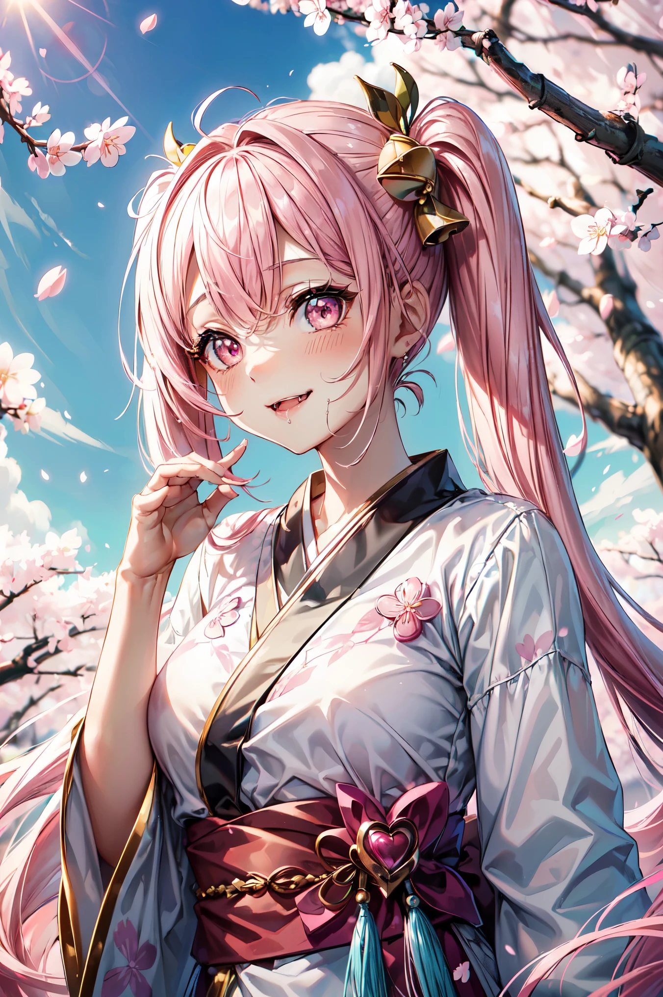 (8K, table top, highest quality, highest quality, official art, 息をのむbeautyとbeauty, very detailed, The best masterpiece in history that exceeds limits, 息を呑むようなbeautiful照明:1.2), (1 Absolute beautiful Girl, alone:1.3), , (glossy white skin), (pink twintail hair, bangs:1.5), (adorable big pink eyes, drooling eyes:1.5), (Breathtaking beautiful black japanese kimono, heart, High precision embroidery, Gold thread, Silver thread:1.2), (Smile, beautiful smile, gentle smile, cute笑顔, An innocent smile like an angel:1.2), Nice views, Charm, wonderful, beautiful, elegant, Gorgeous, grow, eye-catching, 究極のbeauty, Supreme beauty, 最上級のbeauty, elegant, beauty, elegant, I love you all, beauty that fascinates everyone, I was healed, 最高レベルの完成されたbeauty, cute like an idol, Stylish like a fashion model, grace like a goddess, Beloved, cute, adorable, look at the camera, cute pose, Happy, (Breathtakingly beautiful Gorgeous spring garden, blue sky, cherry blossoms:1.5), 