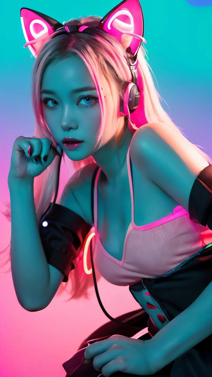 masterpiece, highest quality, 4K, Photorealistic, bokeh, enlightenment,1 perfect portrait of a girl, (A fascinating eye for perfect detail:1.2), colorful hair, (gradient hair), (neon blue and pink soft long hair:1.6), (Cat ear:1.2), fantasy background, (exposed bare shoulders), (Neon blue long-term alienation sleeve), (lean forward a little), head tilt, movie lighting, oversized clothes, (seductive pose:1.4), (neon blue and pink background:1.6), beautiful blue eyes, close up,