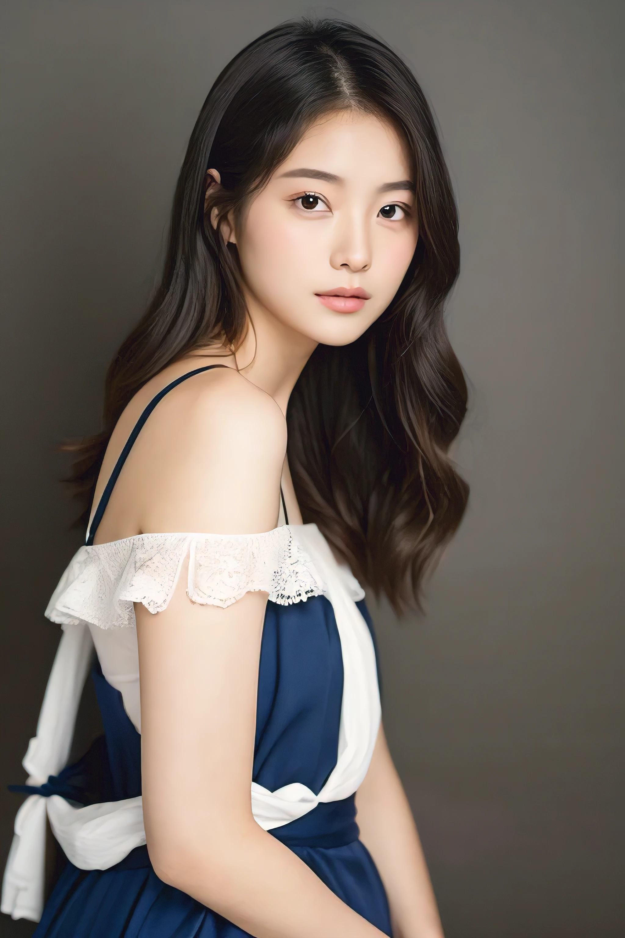 Create a high-quality, hyper-realistic portrait of a very beautiful Japanese idol. She is wearing a clean white summer dress and is squatting on the beach during sunset at sea. The deep indigo of the night sky contrasts with the last vestiges of crimson near the horizon, with swaying waves in the background. The girl has semi-long hair and a slender body with small breasts. The photo should capture her with detailed eyes, a detailed face, and a beautiful, sophisticated nose. The image should have a realistic, delicate, and finely detailed quality, suitable for a fashion magazine cover. Use cinema lighting and soft light to enhance her features. Ensure the photo is of the highest quality, with a resolution of 8K, making it perfect for a 2K wallpaper.