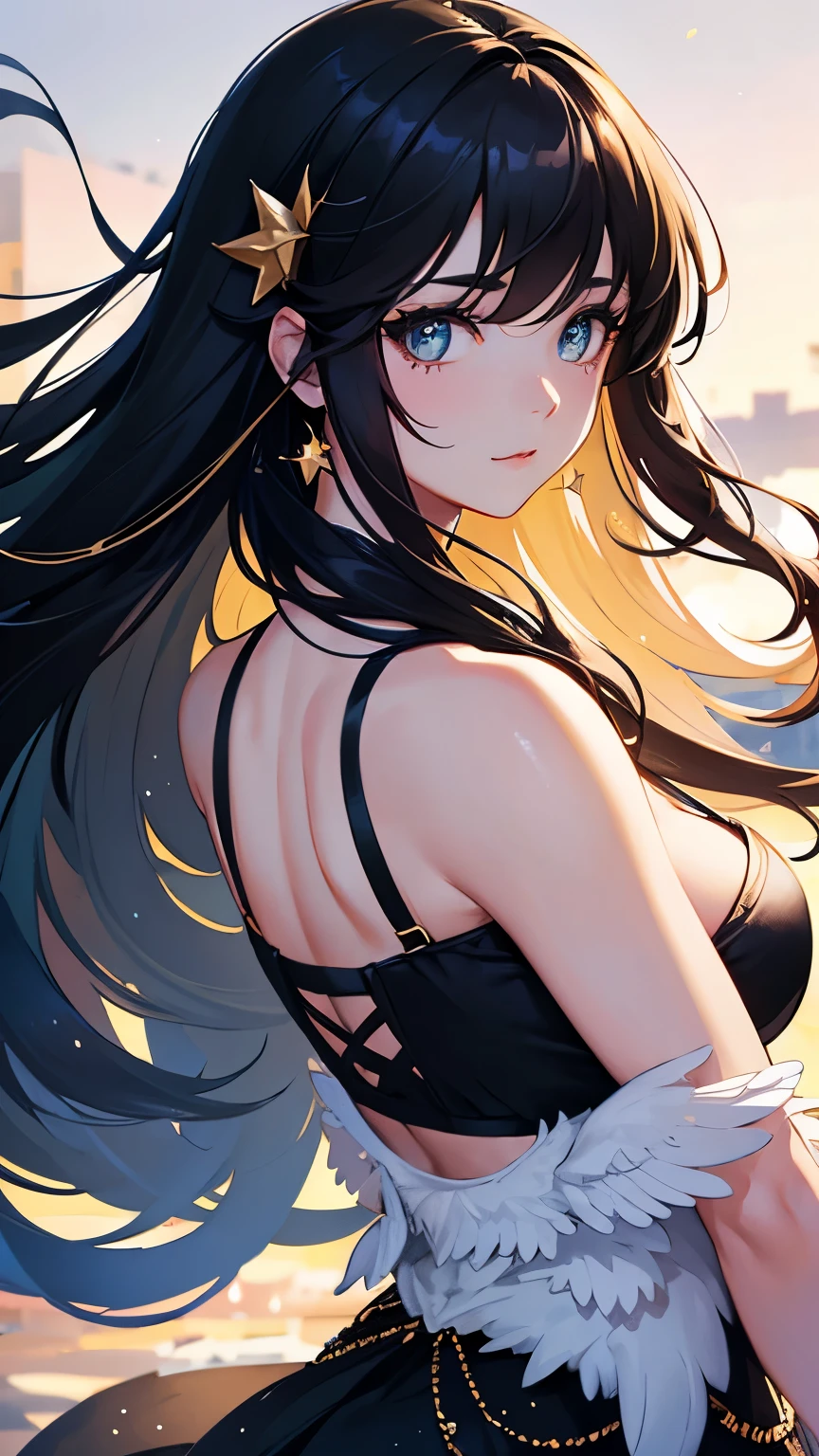 An illustration,masterpiece,girl,long hair, black hair,fine eyes,cleavage,Medium breasts,(erotic face),nighttime in the city,(vip room),Hostess,white backless dress,(show your back),(look back),bare shoulders,((whole body:1.3)),((black high heels:1.1)),brown eyes,(small sparkling earrings),Mouth closing,{Depth of bounds written},(particles of light:1.1)