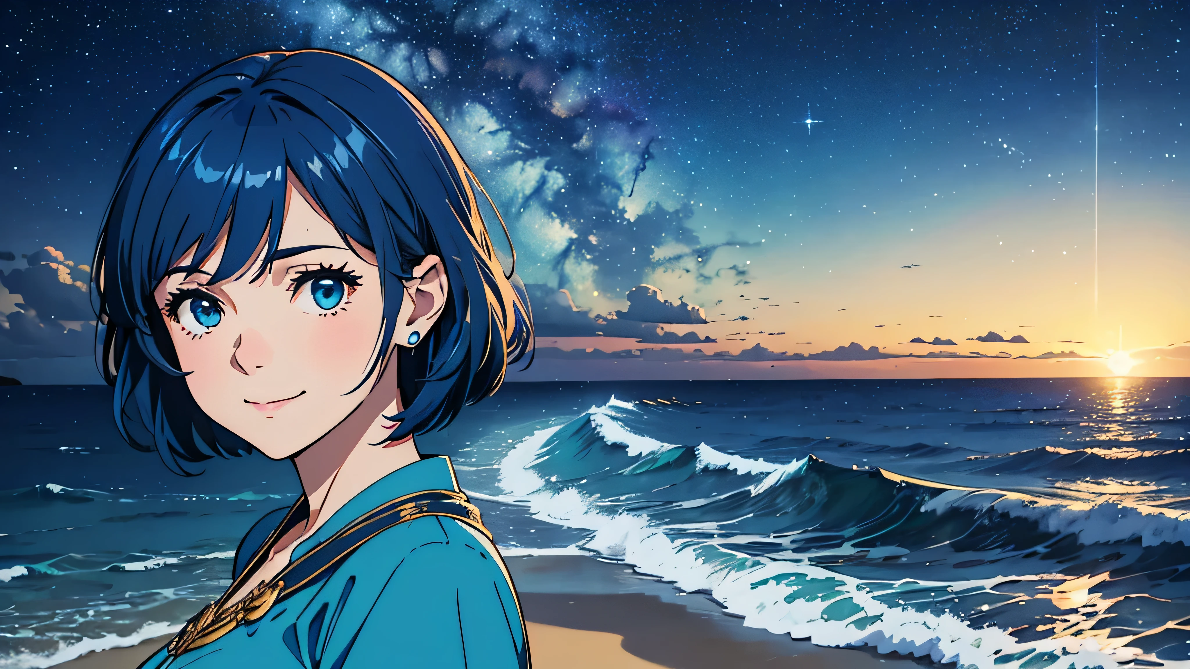 Create a bust-up shot of a smiling girl with a short bob hairstyle, looking towards the sea from a sandy beach. The setting is nighttime with a starry sky above. She should be in profile view. The girl is adorned in a bright blue costume inspired by waves, complemented by bright blue hair. The atmosphere should evoke a sense of fantasy.
