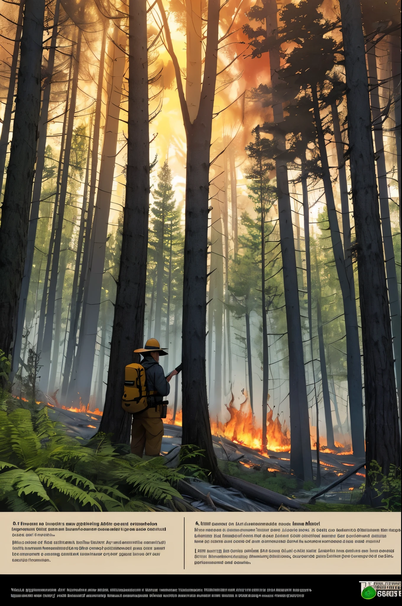 A person with strong determined attitude, forest fire background, close-up shot, realistic.
