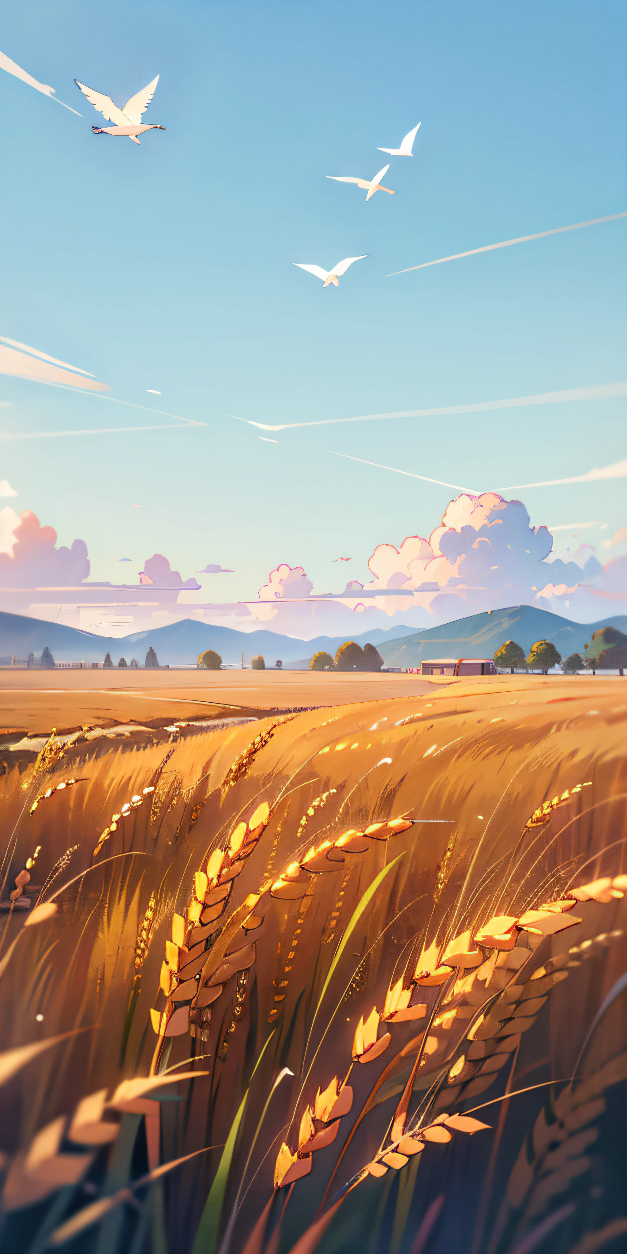 Green wheat fields,blue sky,Baiyun,that bird