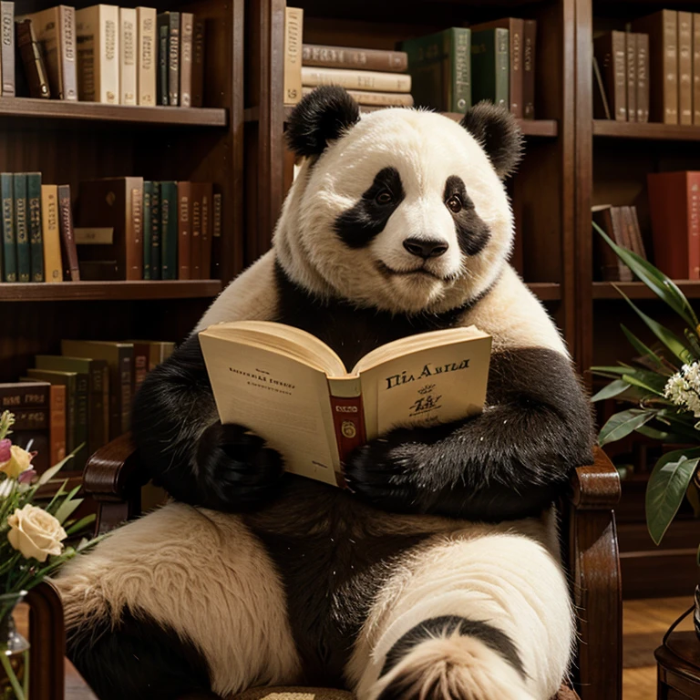 A Panda sitting on a chair in a library full of books and flowers. He's so engaged in what he's reading.