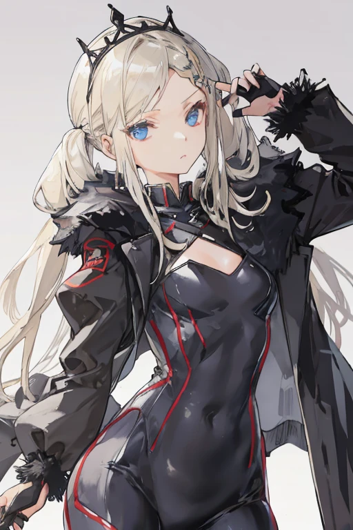 (original_clothing),black tiara,cross,fur trim,tight suit,