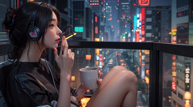 Woman sitting on balcony with headphones and coffee, lofi girl, lofi girl aesthetic, anime atmosphere, On the rooftop of future Tokyo at night, A mix of anime style and Fujifilm, lofi art style, girl sitting on a rooftop, Loffi aesthetics, relaxed atmosphere, anime aesthetics, Installed on the rooftop of Tokyo, sitting in tokyo, Lo-fi atmosphere, cyberpunk atmosphere