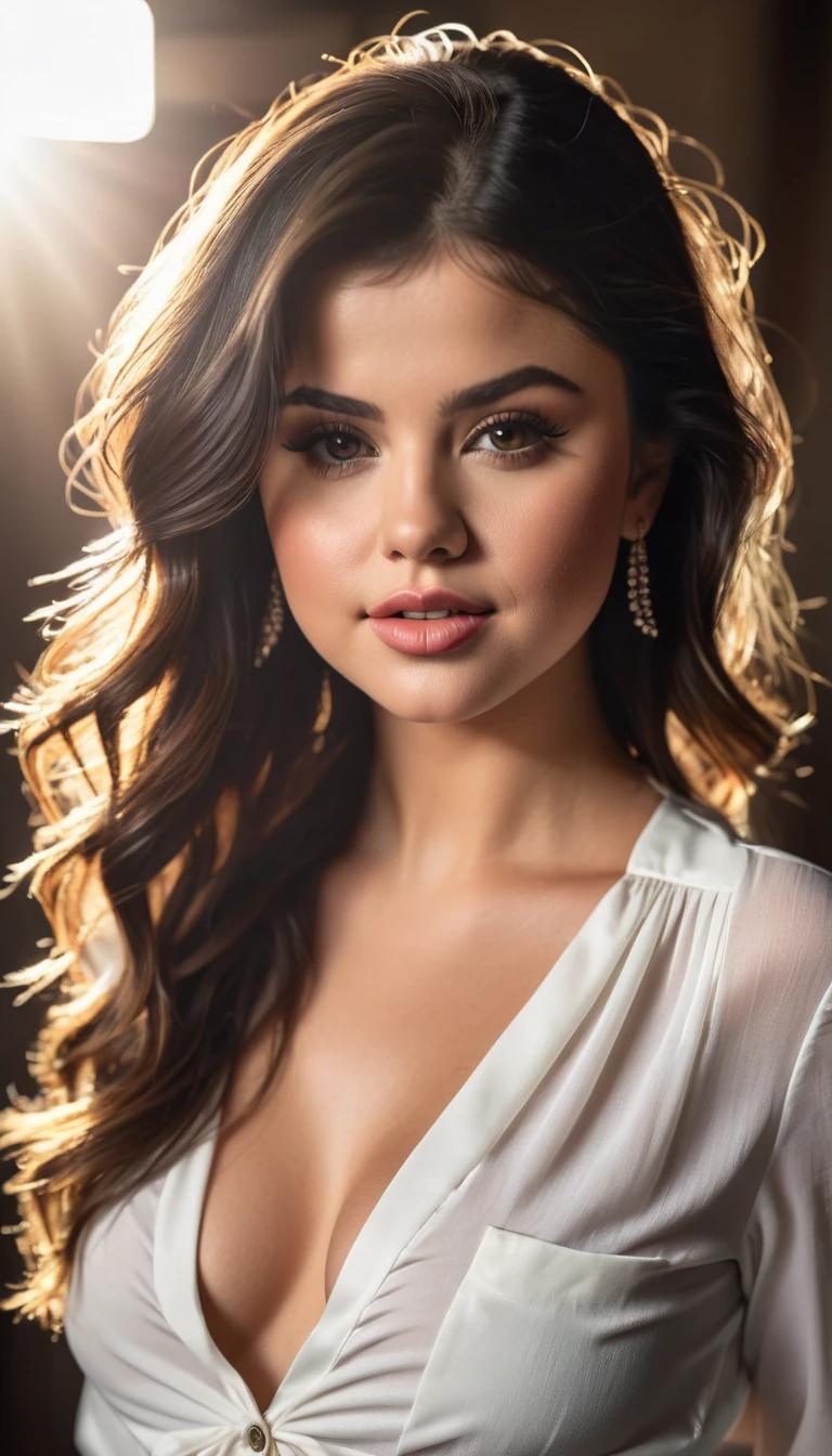 Selena Gomez, Beautiful Woman, player's perspective, Lens Flare, f/2.8, 50mm, Leica, Braids, (Masterpiece, Top Quality, High Resolution:1.4), 1 girl, 30 years old, large breasts, angel, abs, skin pore texture, HD 4K, 8K, photo, cinematic, full body portrait, realistic, (8K, RAW photo, Top Quality, Masterpiece:1.2), (realistic, photo-realistic:1.33), best quality, detailed eyes, cute, natural light, depth of field, film grain, wrinkled skin, sharp, detailed and realistic woman, staring at camera, ruffled lips, sexy smile, perfect teeth, soft natural light, photography, magic photography, dramatic lighting, photorealism, super detailed, elegant white blouse and tight WR.UP jeans with platform stiletto heels.