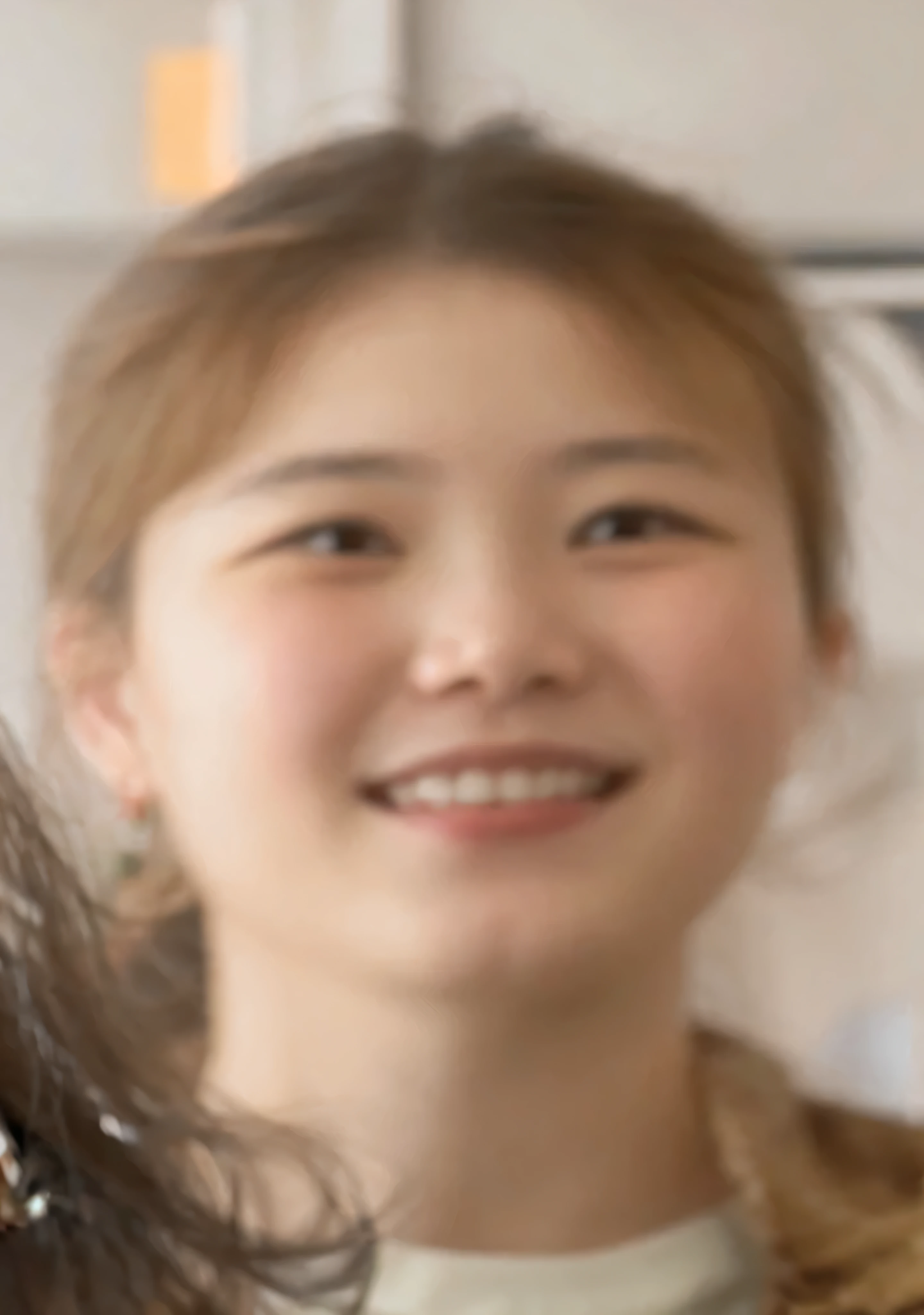 There is a woman combing her hair with a brush., blurry face, nodded, 16k upscaled image, Detailed unblurred face, she is smiling, zoom in on the face, very very low quality, rough low quality, Inspired by Kim Jung Hee, Very high quality face, AI generated image, Inspired by Shim Sa-jeong