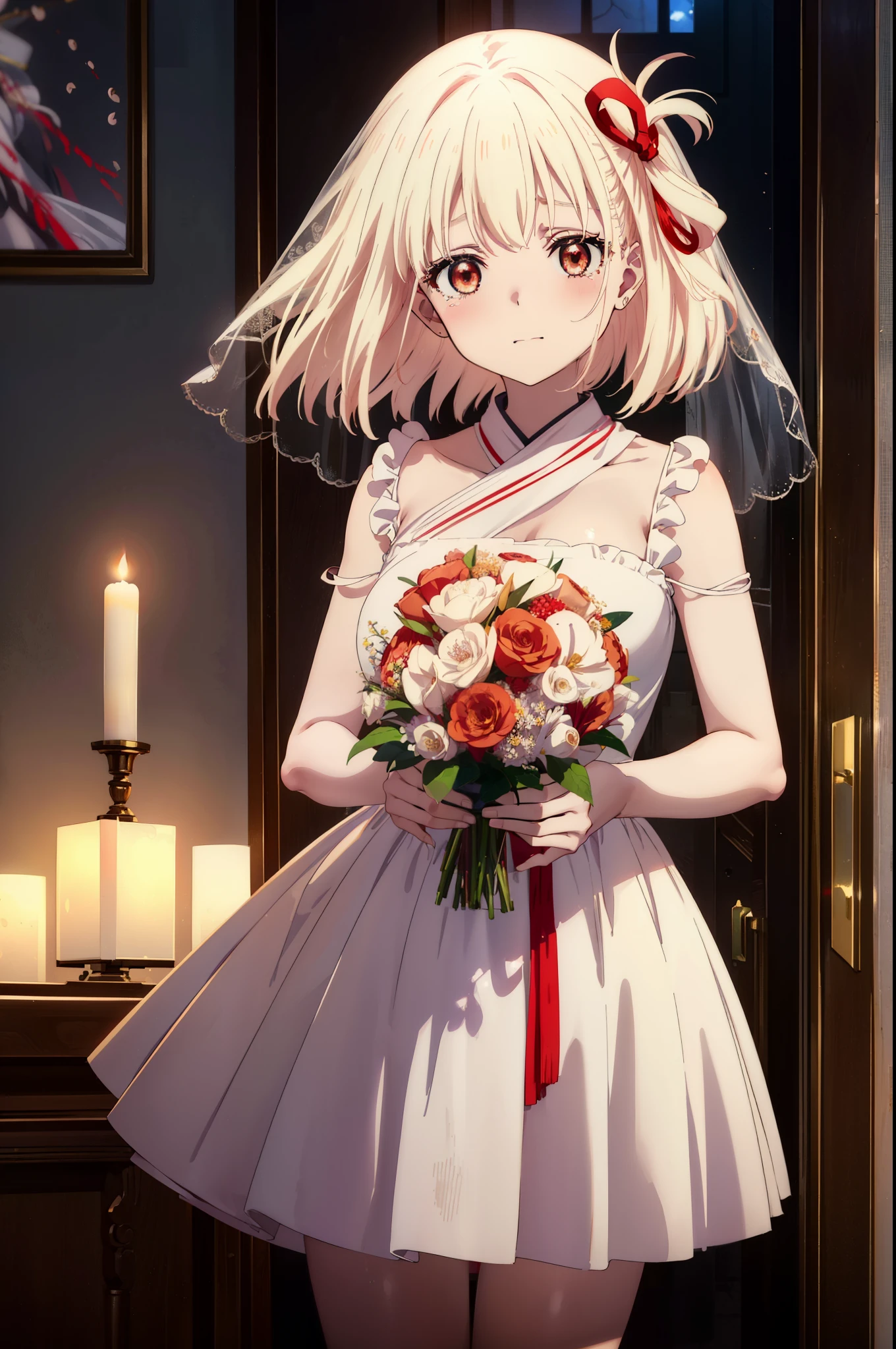 chisatonishikigi, Chisato Nishikigi, long hair, bangs, blonde hair, (red eyes:1.5), hair ribbon, one side up, tears run down her face,Crying with joy,blush,smile, open your mouth,Red Wedding Dress,veil,Red wedding skirt,bouquet,bouquetトス,holding a large bouquet of flowers in both hands,
break indoors, church,chapel,
break looking at viewer, (cowboy shot:1.5),
break (masterpiece:1.2), highest quality, High resolution, unity 8k wallpaper, (figure:0.8), (detailed and beautiful eyes:1.6), highly detailed face, perfect lighting, Very detailed CG, (perfect hands, perfect anatomy),
