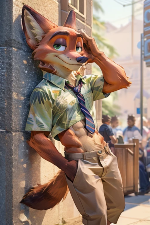 ((best quality)), ((masterpiece)), (detailed), perfect face, Nick wilde with abs wearing a crop top green Hawaiian shirt with indigo tie and khaki pants with a bare midriff and a bare navel 