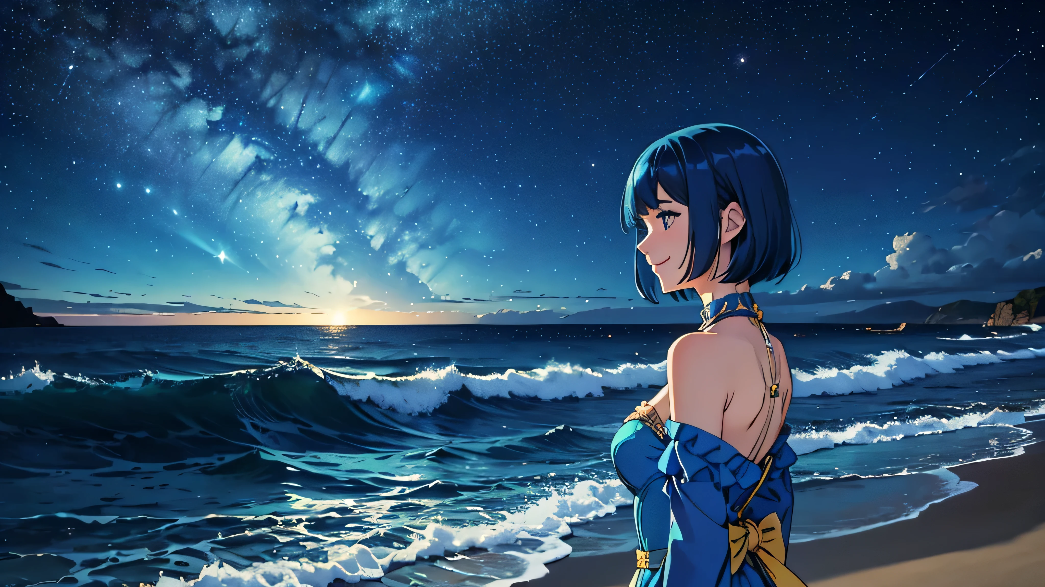 Create a bust-up shot of a smiling girl with a short bob hairstyle, looking towards the sea from a sandy beach. The setting is nighttime with a starry sky above. She should be in profile view. The girl is adorned in a bright blue costume inspired by waves, complemented by bright blue hair. The atmosphere should evoke a sense of fantasy.