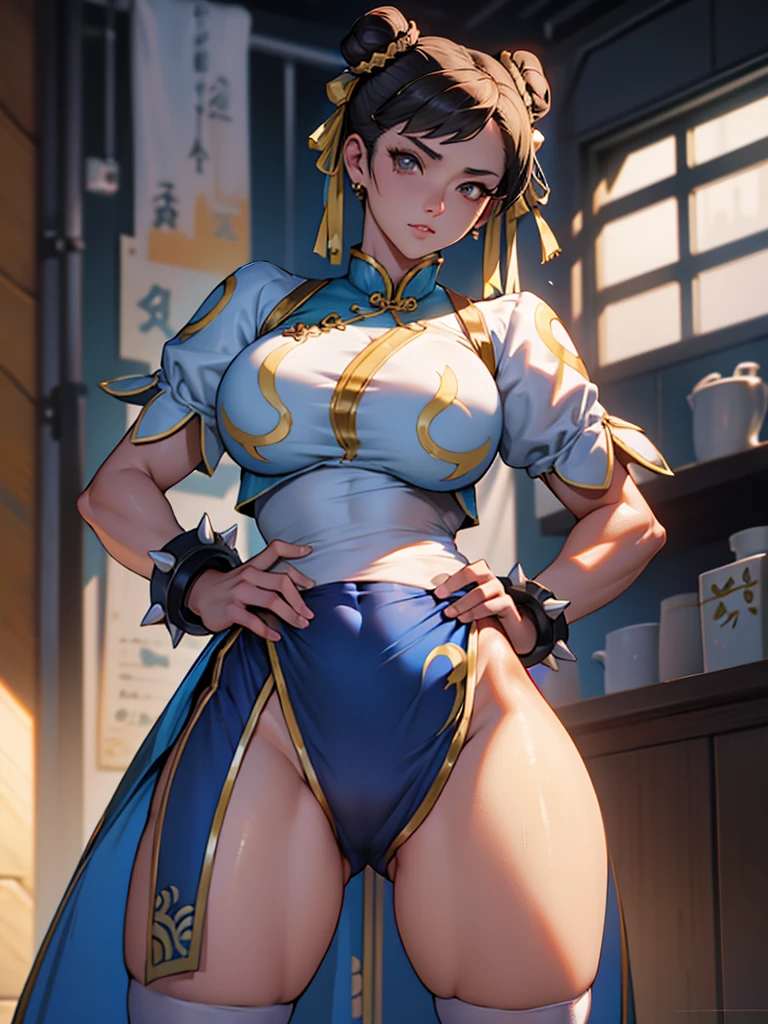 Chun-Li,linda jovem com uniforme azul classico, coxas grossas, belas coxas sexy,um pouco muscolosa, cabelo preso, black tights,cidade chinesa a tarde, Standing alone.solo, roupa azul, saia azul, olhar serio, belos olhos, belo rosto bem detalhado, olhos e sobrancelhas detalhado.olhos castanhos escuros,yellow low lighting
