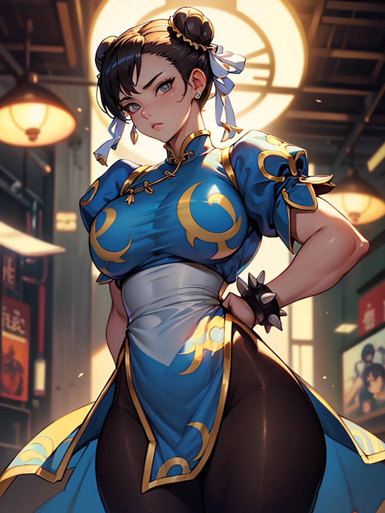 Chun-Li,linda jovem com uniforme azul classico, coxas grossas, belas coxas sexy,um pouco muscolosa, cabelo preso, black tights,cidade chinesa a tarde, Standing alone.solo, roupa azul, saia azul, olhar serio, belos olhos, belo rosto bem detalhado, olhos e sobrancelhas detalhado.olhos castanhos escuros,yellow low lighting
