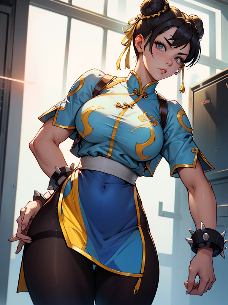 Chun-Li,linda jovem com uniforme azul classico, coxas grossas, belas coxas sexy,um pouco muscolosa, cabelo preso, black tights,cidade chinesa a tarde, Standing alone.solo, roupa azul, saia azul, olhar serio, belos olhos, belo rosto bem detalhado, olhos e sobrancelhas detalhado.olhos castanhos escuros,yellow low lighting
