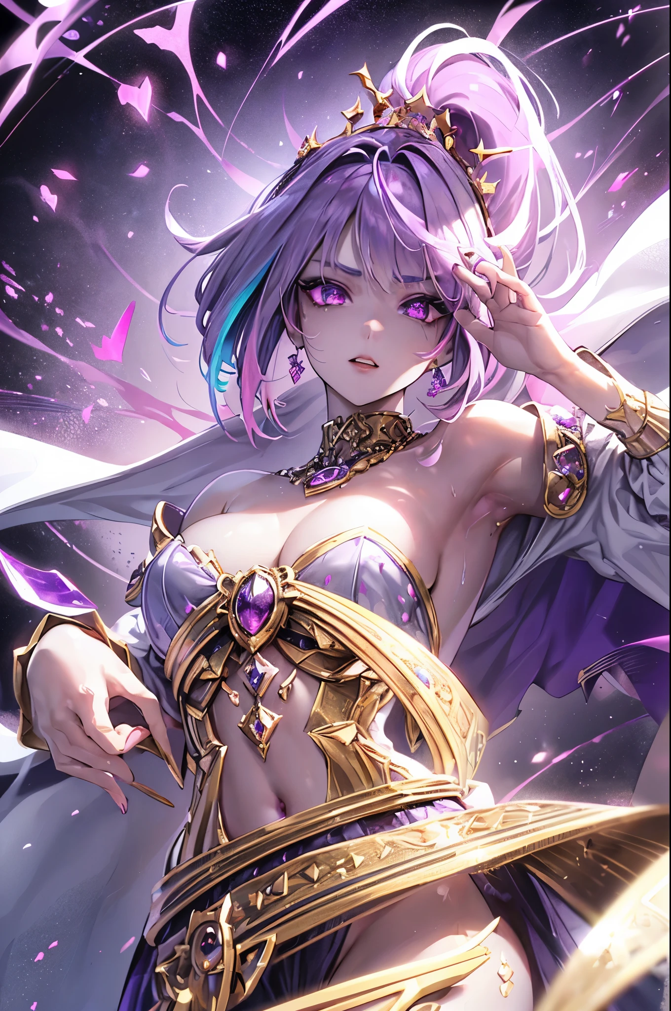 Vampire Queen Small Breast Combat Dress ( Radiant Royal Cloak: 1.1) Black and Purple Color Sexy Devil Aura Original Character Masterpiece Tempting Purple Eyes (Multicolor High Ponytail 1:1.2) Purple Gemstone Accessories Gold Belt, Gold Necklace, Wind Evil Effect, Soft Moonlight , extremely delicate beautiful eyes, depression but arrogant eyes, unique crown, (Corruption Tattoo 1;1.25), naughty face, 16k, gorgeous, bare shoulders, cute, petite, solo , stars, stardust, (iridescent hair, colorful hair, half purple and half pink hair: 1.2), (left eye purple and right eye golden), wet body detailed, creative, charming, killing scenario, floating effect, magical, mythic, legend, seducing body, attractive, idol