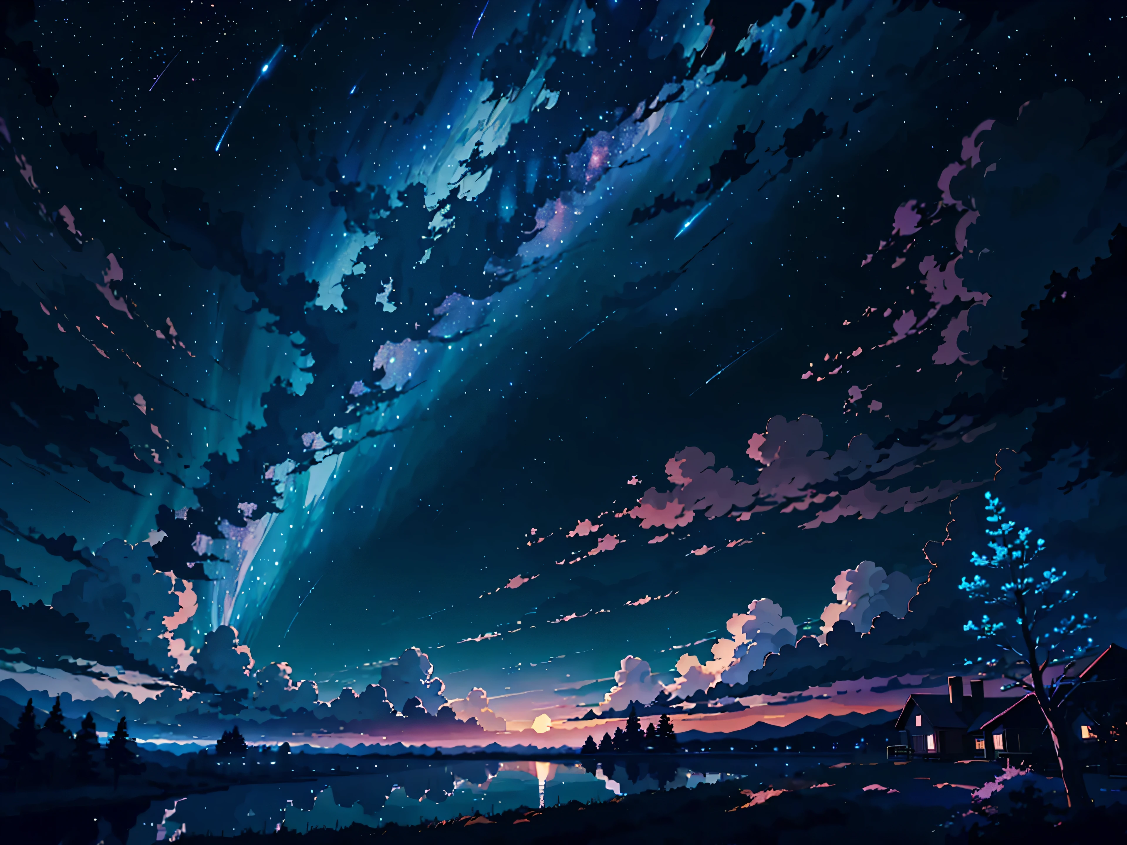 Anime scenery of a lake with houses and a starry sky., Anime art wallpaper 4 k, anime art wallpaper 4k, anime wallpaper 4k, anime wallpaper 4 k, Anime art wallpaper 8 k, universe sky. By Makoto Shinkai, anime landscape wallpaper, amazing wallpaper, 4k anime wallpaper, anime background, anime sky, anime wallpaper, night scenery