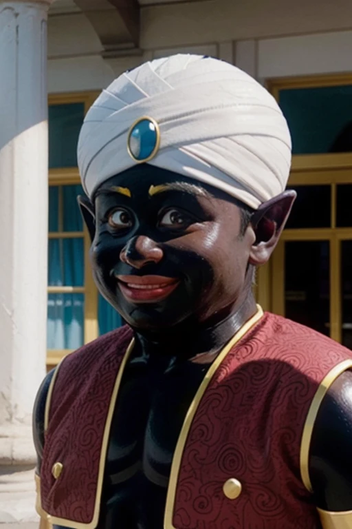mrpopo, black eyes, black skin,white turban, brown naked vest, blue gemstone, looking at viewer, smiling, close up portrait,
outside, marble palace, extreme detail, hdr, realistic quality, analog,
