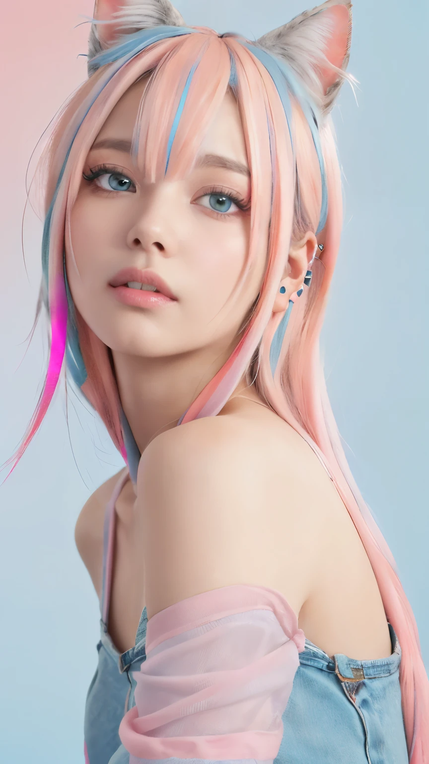 A woman with pink hair and blue eyes wearing a cat ears - SeaArt AI