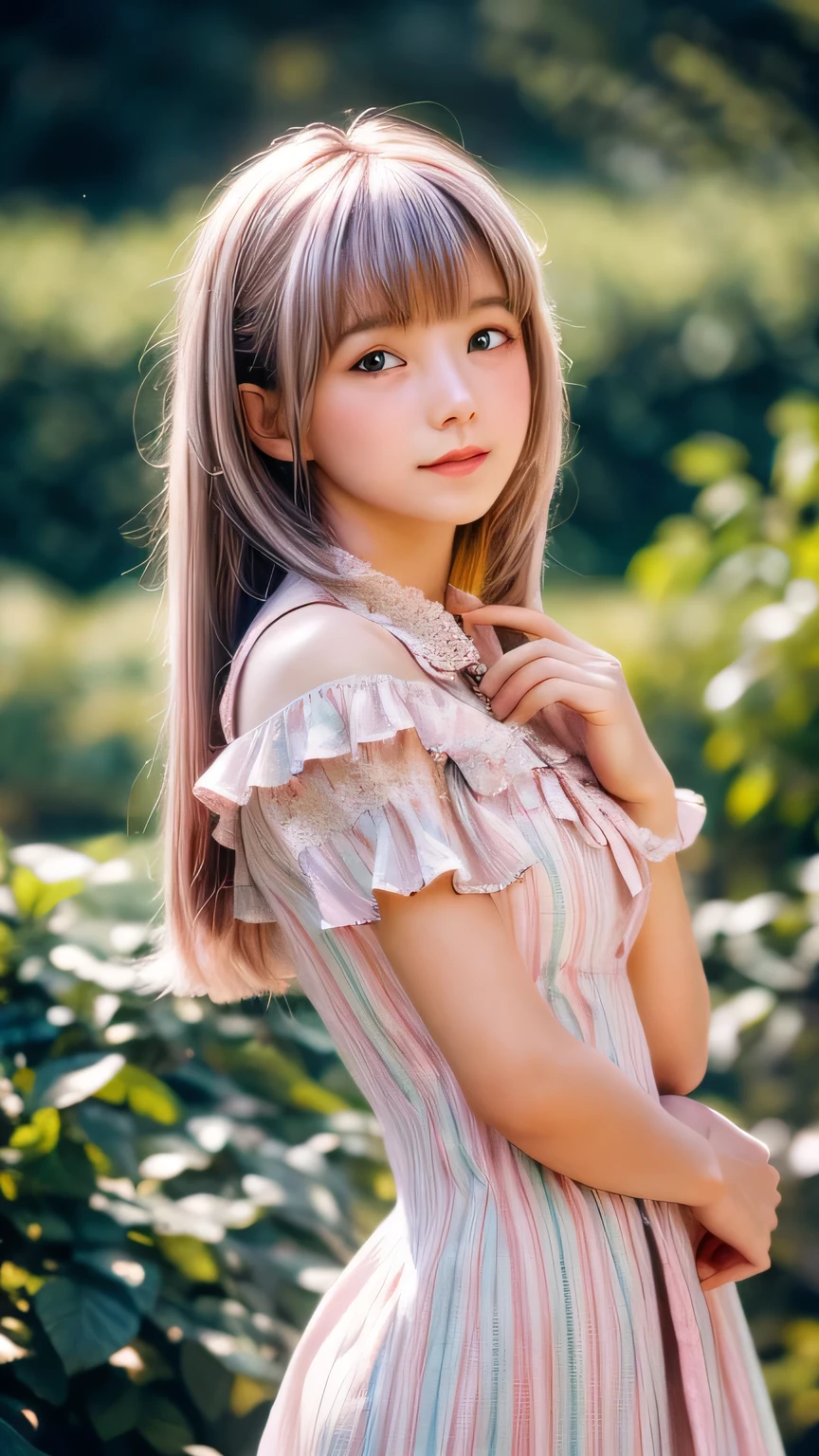 8K, Raw photo, fujifilm, Analog style photo of beautiful young woman like Avril 、In the pale pink rose garden (highly detailed skin:1.2) Style - Split Petals
, Colored striped hair, dull bangs, wearing a dress, film grain, 35mm, cute style, cowboy shot, close, raise both arms,A frilled dress with attention to detail、have, front