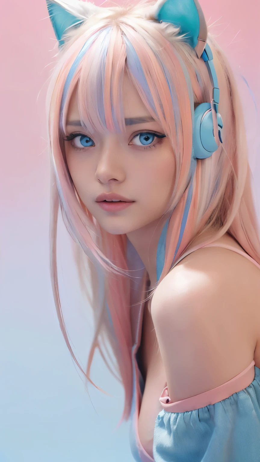 masterpiece, highest quality, 4K, Photorealistic, bokeh, enlightenment,1 perfect portrait of a girl, (A fascinating eye for perfect detail:1.2), colorful hair, (gradient hair), (blue and pink soft long hair:1.6), (Cat ear:1.2), fantasy background, (exposed bare shoulders), (long-term alienation sleeve), (lean forward a little), head tilt, movie lighting, oversized clothes, (seductive pose:1.4), (blue and pink background:1.6), beautiful lite blue eyes, close up,