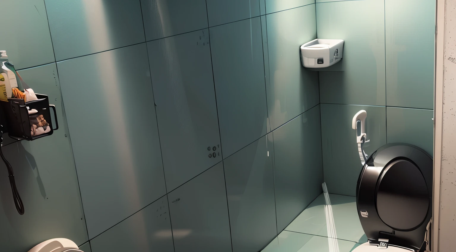 there is a toilet in a small bathroom with a tiled floor, tiny room with blue wall tiles, listing image, toilet, in bathroom, real image, very rich quality of photography, luxury interior of a bathroom, interior of a small room, the toilet is shiny, small room, photo of good condition, normal place with weird feeling, bathroom