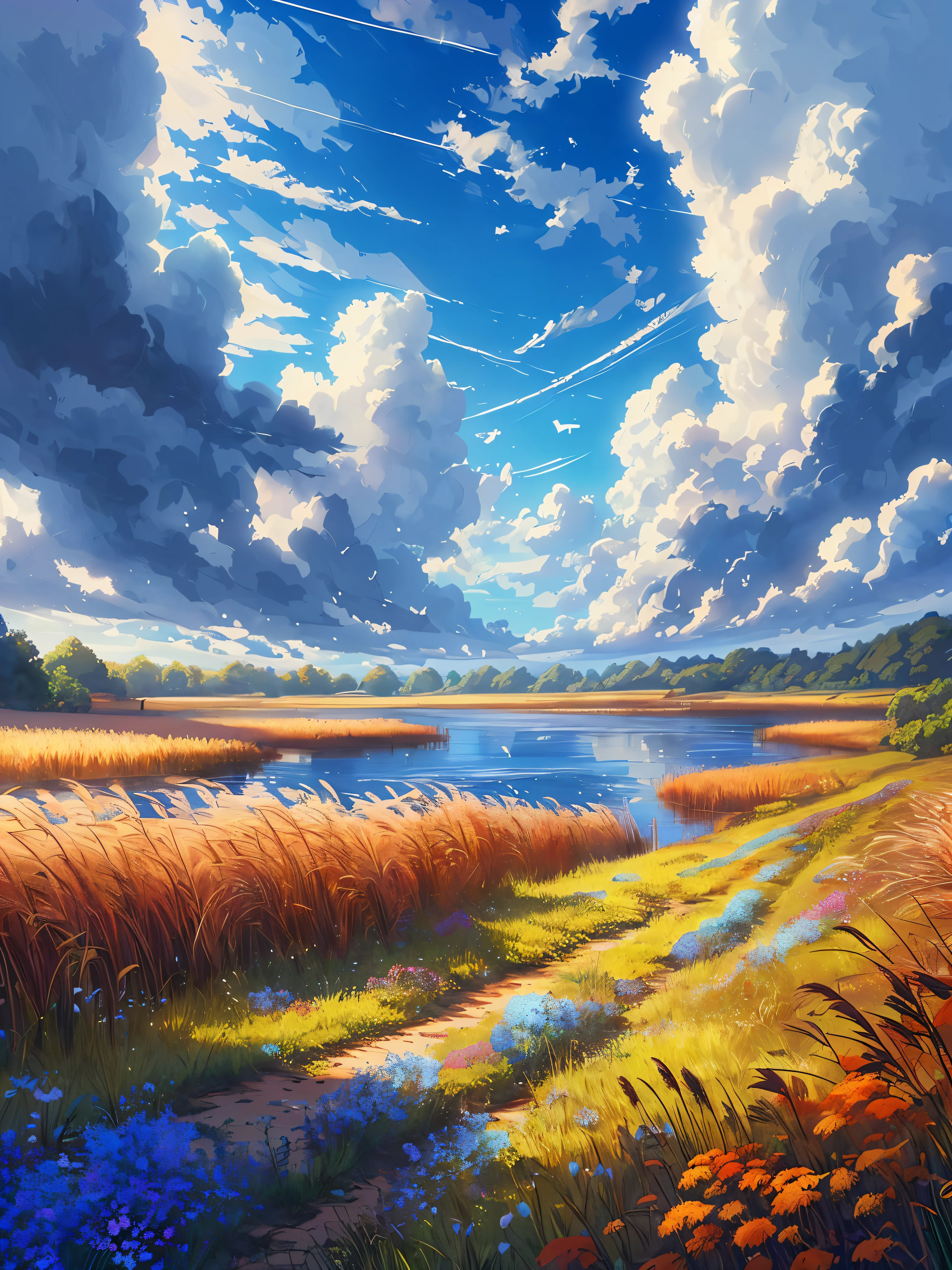 Draw an animation scene of a riverside field，There are reeds on the shore，autumn scenery, commend, Blue cloudy vast sky,bright colors, wild flowers, windy, Quiet environment