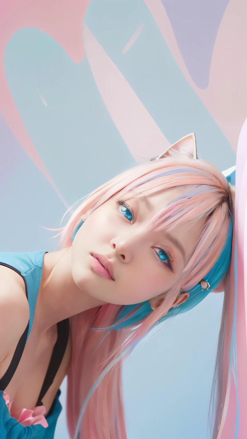 masterpiece, highest quality, 4K, Photorealistic, bokeh, enlightenment,1 perfect portrait of a girl, (A fascinating eye for perfect detail:1.2), colorful hair, (gradient hair), (blue and pink soft long hair:1.6), (Cat ear:1.2), fantasy background, (exposed bare shoulders), (long-term alienation sleeve), (lean forward a little), head tilt, movie lighting, oversized clothes, (seductive pose:1.4), (blue and pink background:1.6), beautiful lite blue eyes, close up,