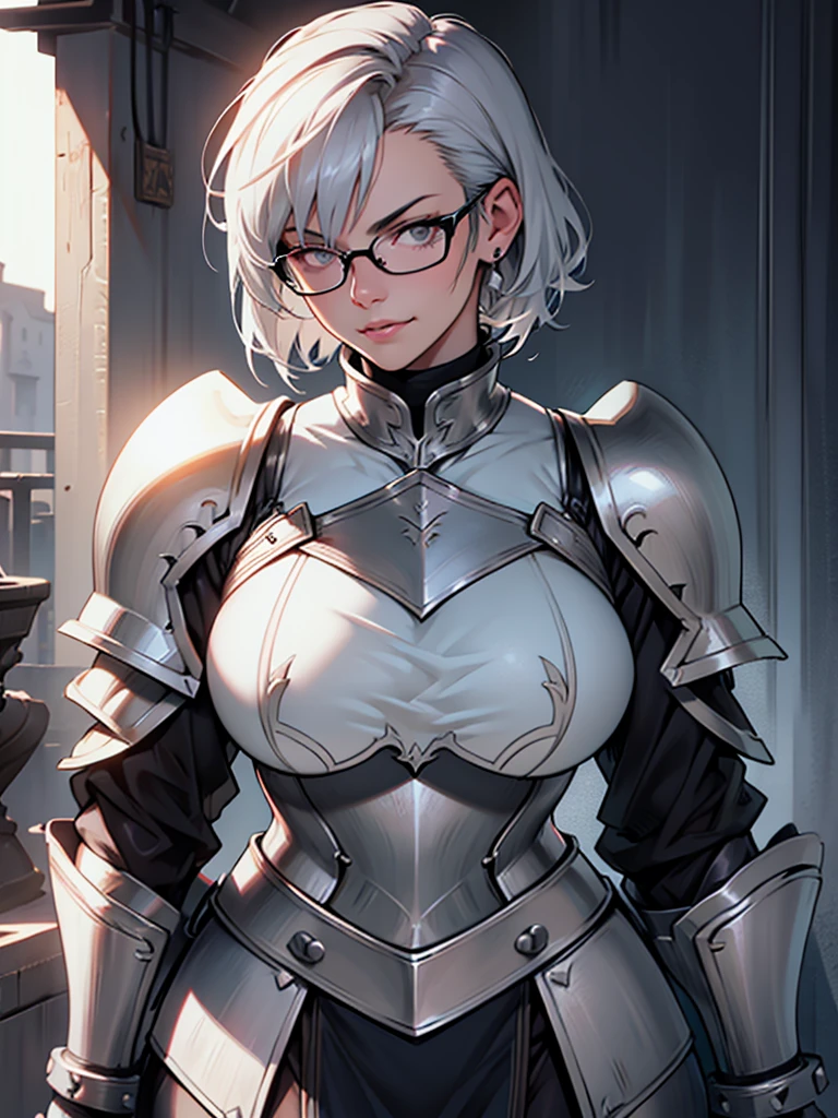 Solo, female, turtleneck, ((armor, knight, steel armor)), smirking, silver hair, swept hair, short hair, sideswept, glasses, standing, chestpiece, thick lips, big breasts