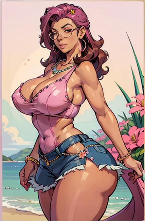 Best quality, solo mature woman, giant breasts, giant ass, very curvy, tanned skin, middle parted hair with curled ends, sea pink eyes, full lips, seductive, sea pink sunglasses, rhinestone beaded singlet, pleated denim skirt, flower earrings, flower necklace, thick thighs, curvy physique