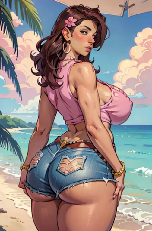 Best quality, solo mature woman, giant breasts, giant ass, very curvy, tanned skin, middle parted hair with curled ends, sea pink eyes, full lips, seductive, sea pink sunglasses, rhinestone beaded singlet, pleated denim skirt, flower earrings, flower necklace, thick thighs, curvy physique