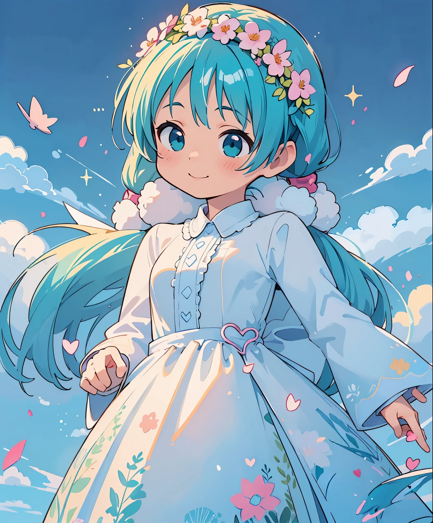 (masterpiece、highest quality、highest quality、official art、beautiful beautiful:1.2)、(1 girl:1.3)Hatsune Miku、twin tails,big breasts,photo realistic、Nendoroids in wedding dresses standing in front of a painting、laughter、cute pose、watercolor nendoroid、(high definition figures)、flowing iridescent silk、close up of face、eye up、heart mark、floral dress、There is also a flower in front of the petal below the Nendoroid.........、season!!: summer☀ 🍂、((A wonderful painting with super multiple exposure where you can see the background through the clothes))