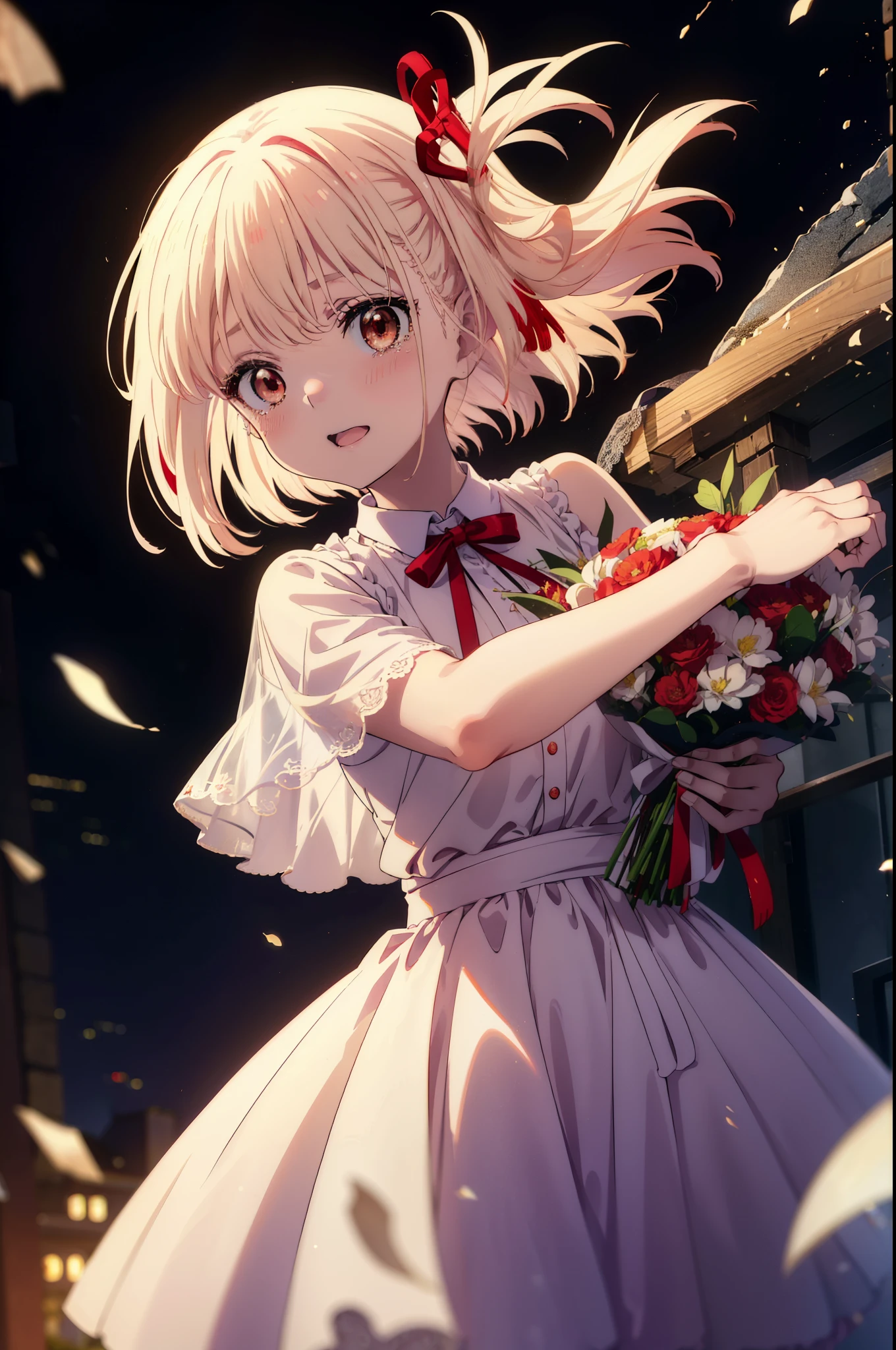 chisatonishikigi, Chisato Nishikigi, long hair, bangs, blonde hair, (red eyes:1.5), hair ribbon, one side up, tears run down her face,Crying with joy,blush,smile, open your mouth,Red Wedding Dress,veil,Red wedding skirt,bouquet,bouquetトス,holding a large bouquet of flowers in both hands,
break indoors, church,chapel,
break looking at viewer, (cowboy shot:1.5),
break (masterpiece:1.2), highest quality, High resolution, unity 8k wallpaper, (figure:0.8), (detailed and beautiful eyes:1.6), highly detailed face, perfect lighting, Very detailed CG, (perfect hands, perfect anatomy),