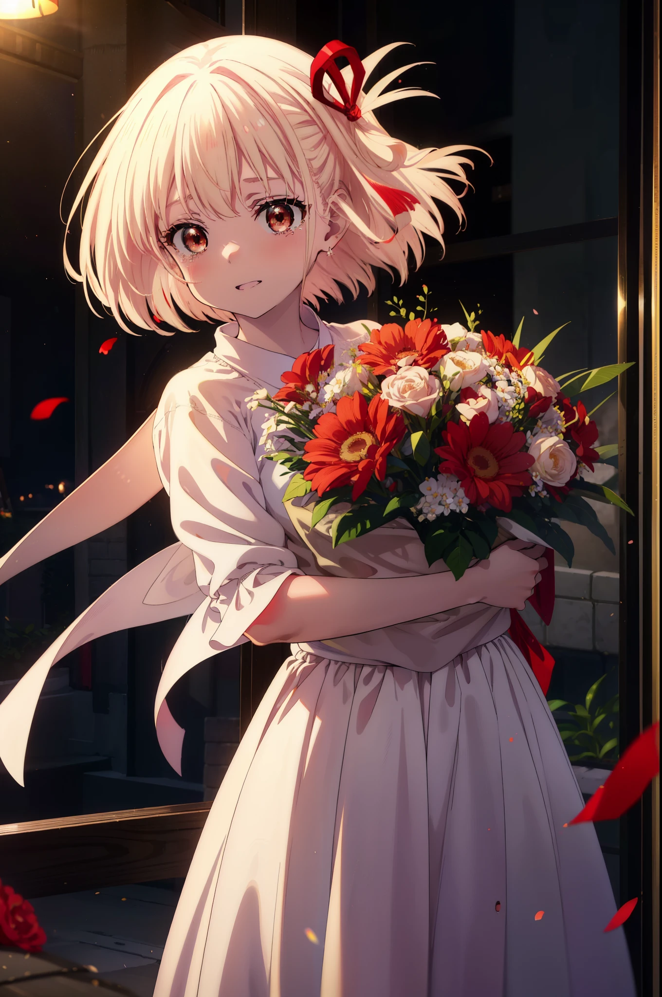 chisatonishikigi, Chisato Nishikigi, long hair, bangs, blonde hair, (red eyes:1.5), hair ribbon, one side up, tears run down her face,Crying with joy,blush,smile, open your mouth,Red Wedding Dress,veil,Red wedding skirt,bouquet,bouquetトス,holding a large bouquet of flowers in both hands,
break indoors, church,chapel,
break looking at viewer, (cowboy shot:1.5),
break (masterpiece:1.2), highest quality, High resolution, unity 8k wallpaper, (figure:0.8), (detailed and beautiful eyes:1.6), highly detailed face, perfect lighting, Very detailed CG, (perfect hands, perfect anatomy),