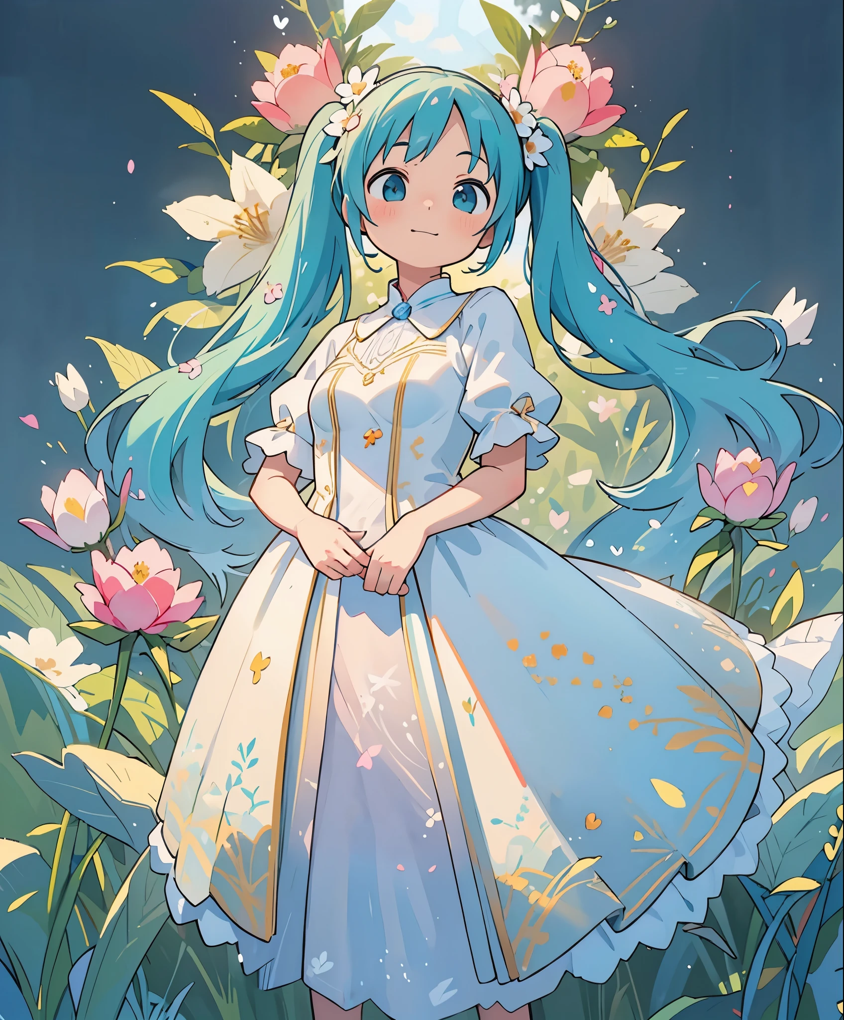(masterpiece、highest quality、highest quality、official art、beautiful beautiful:1.2)、(1 girl:1.3)Hatsune Miku、twin tails,big breasts,photo realistic、Nendoroids in wedding dresses standing in front of a painting、laughter、cute pose、watercolor nendoroid、(high definition figures)、flowing iridescent silk、close up of face、eye up、heart mark、floral dress、There is also a flower in front of the petal below the Nendoroid.........、season!!: summer☀ 🍂、((A wonderful painting with super multiple exposure where you can see the background through the clothes))